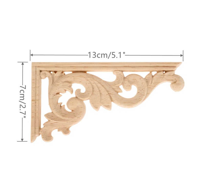 MUXSAM Wood Carved Appliques Corners Onlay, 1-Pair Unpainted Vintage Wooden Carvings Decals for Cabinet Mirror Mantel Fireplace Wall Door Headboard Dresser Wardrobe DIY Project, 13x7cm/5.12"x2.76" - Image 2
